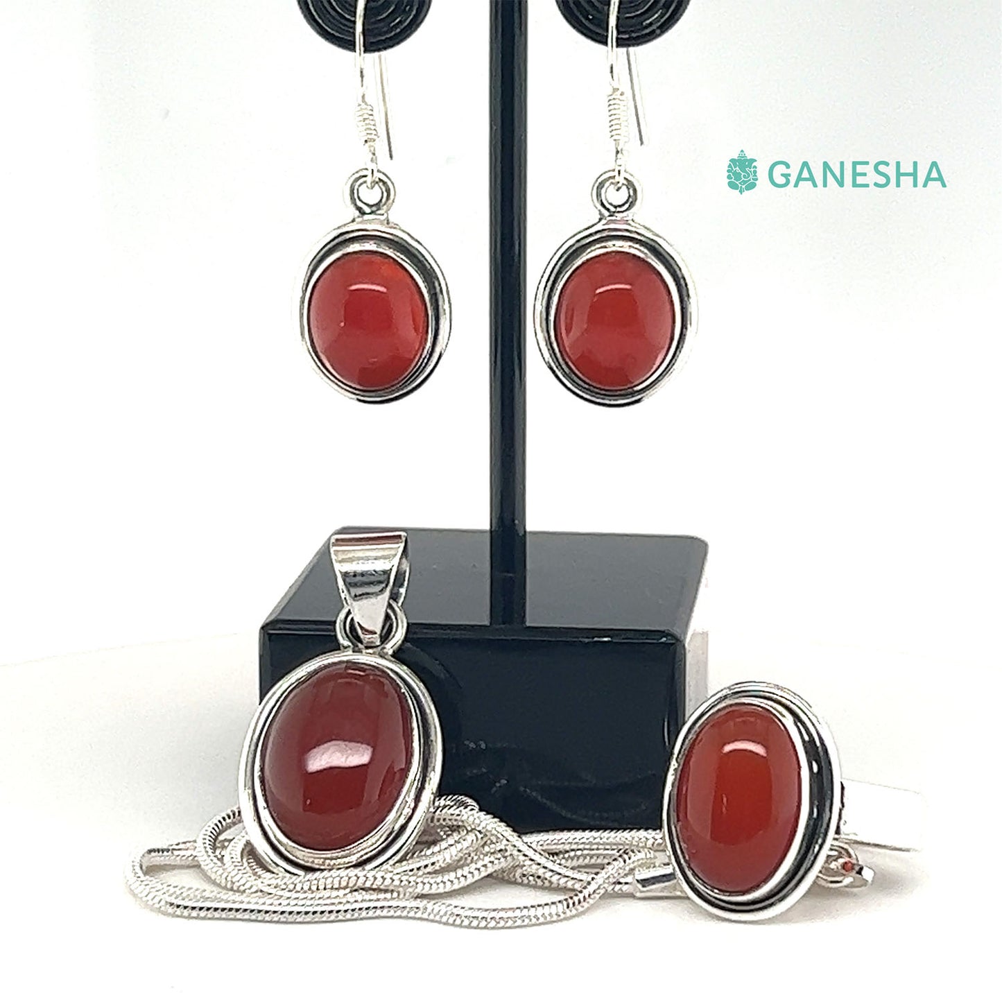 Ganesha Handicrafts, Carnelian-925 Sterling Silver Jewellery Gift Set With Free Chain, Fashion for Women Carnelian Sterling Silver. Red Colour Carnelian-925 Sterling Silver Chain.
