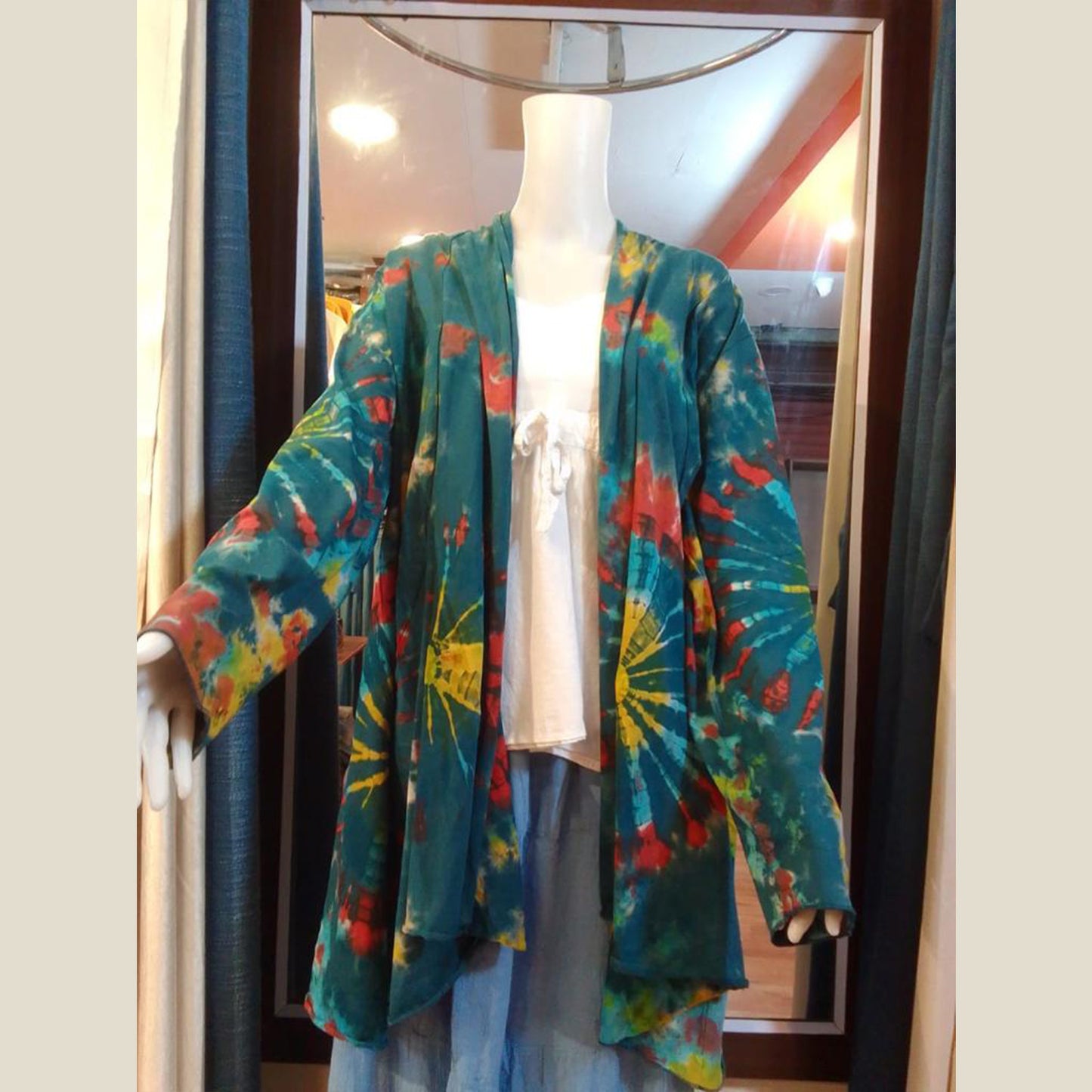 Ganesha Handicrafts- Women Open cardigan super stretchable green Multicoloured, psychedelic colours, Women open Cardigan Super Stretchable,  Open Cardigan super Stretchable for women, Block Multicoloured Open Cardigan Stretchable For Women.