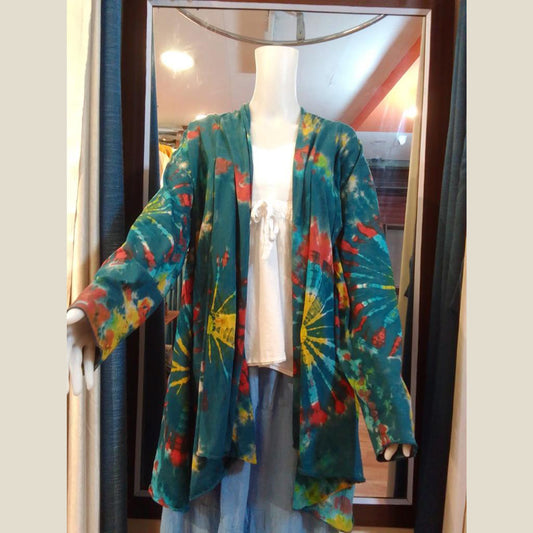 Ganesha Handicrafts- Women Open cardigan super stretchable green Multicoloured, psychedelic colours, Women open Cardigan Super Stretchable,  Open Cardigan super Stretchable for women, Block Multicoloured Open Cardigan Stretchable For Women.
