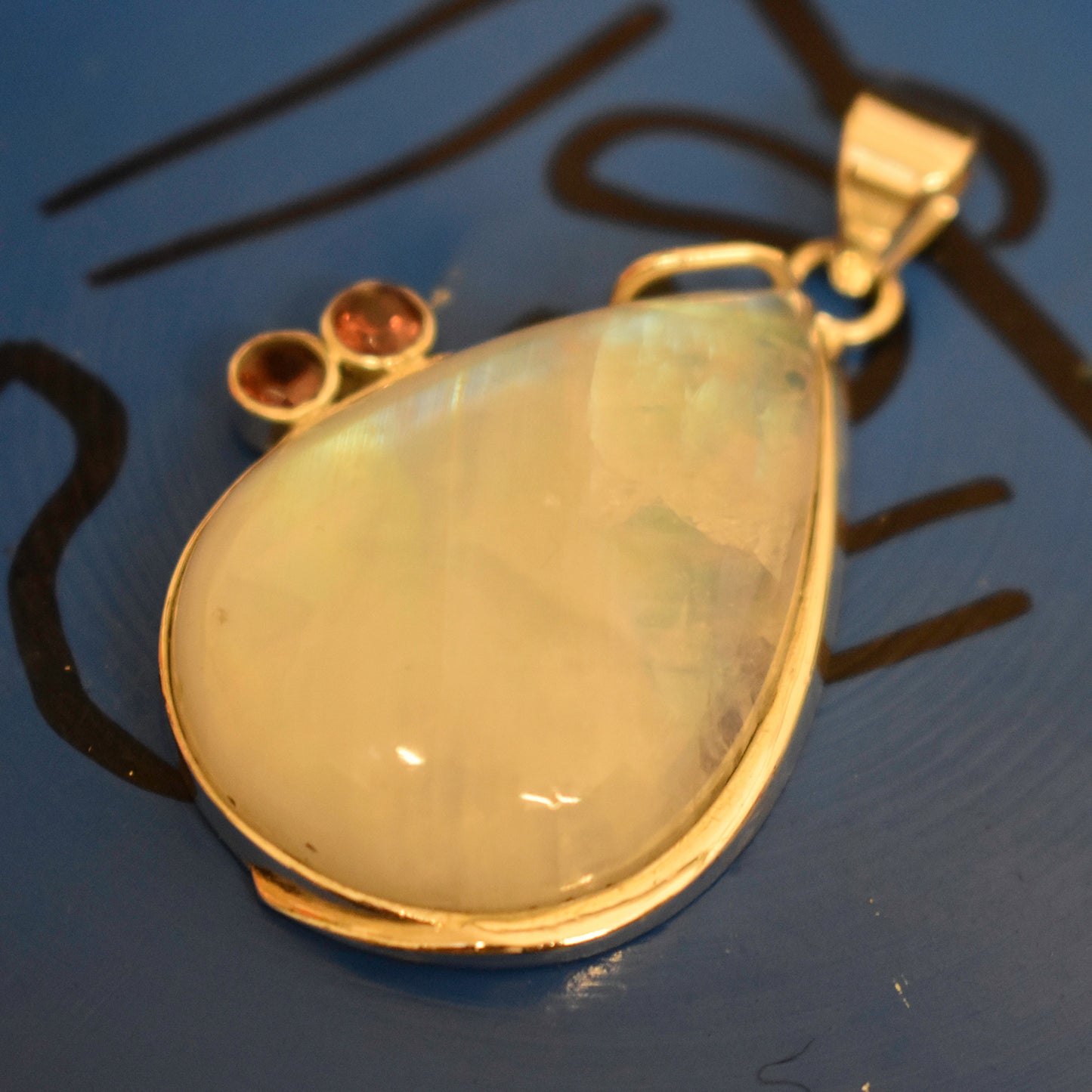 Ganesha Handicrafts, Moonstone and Garnet Teardrop, Moonstone type Teardrop, Womens Trending Pendant, New Model Womens Tear drop Pendant, Womens Modern Drop Pendant, Stylish for Womens Drop Pendant.