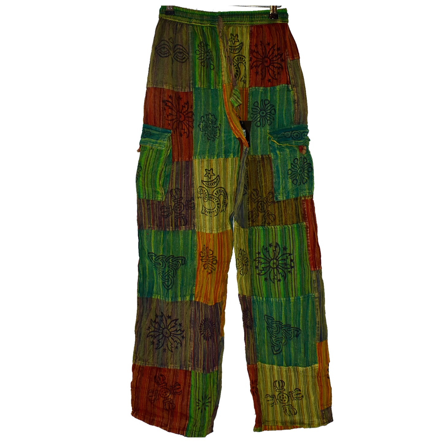 Ganesha Handicrafts, Nepalese Stamp Patchwork Trousers, Nepalese Stamp Trousers, Trending Trousers, Trousers, Green Colour Nepalese Stamp Patchwork Trousers.