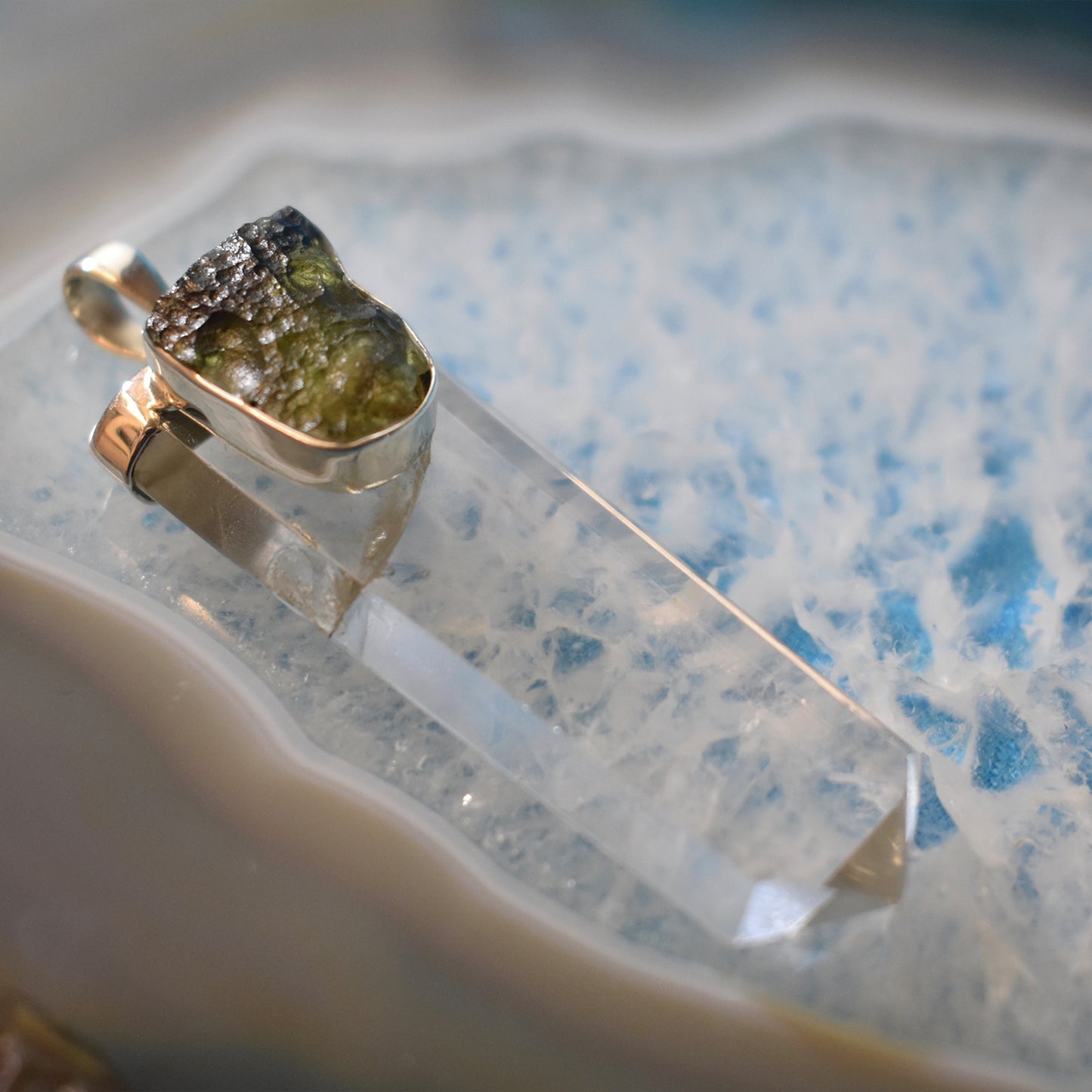 Ganesha Handicrafts, Silver Quartz and Moldavite Pendant, 925-Sterling Silver Pendant, Quartz and Moldavite Silver Pendant, Womens Trending Pendant, Womens Stylish Silver Pendant.