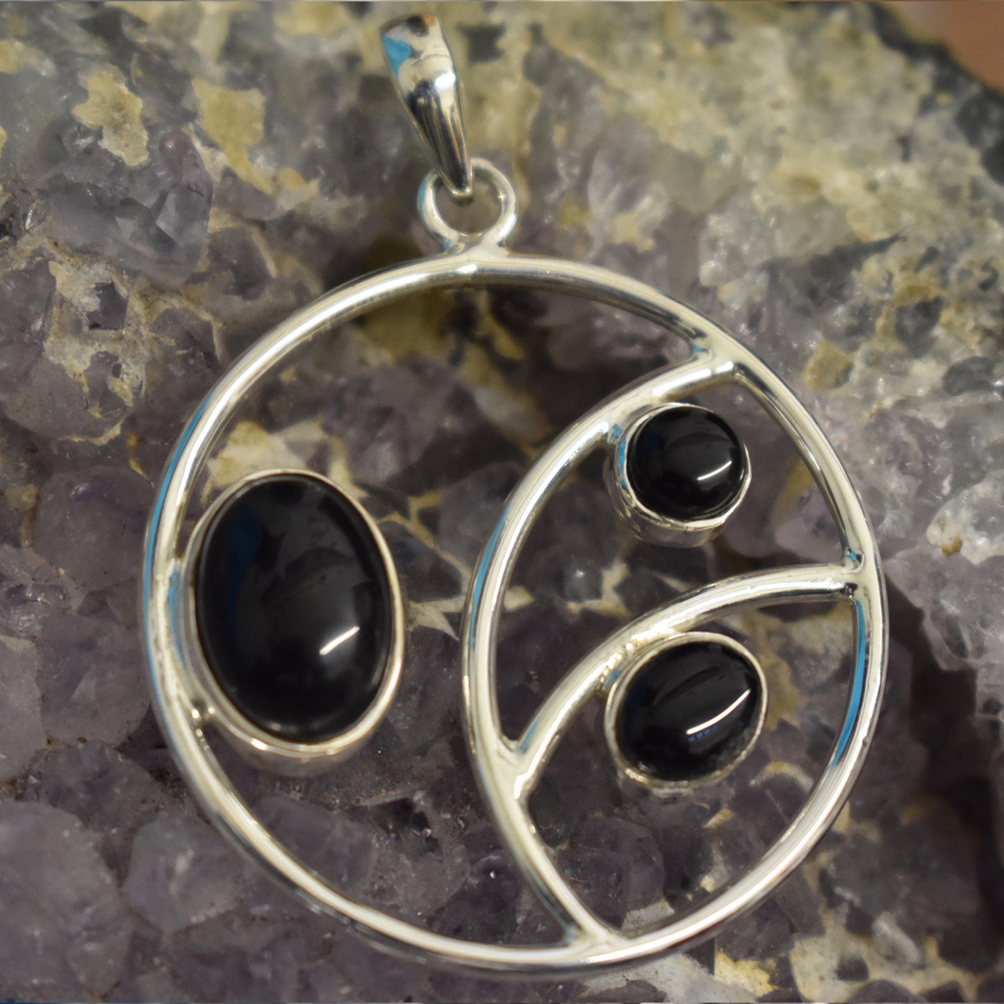 Ganesha Handicrafts, Sterling Silver Circle Stoned Pendant (925), Sterling Silver Stoned Pendant, Circle Stoned Pendant, Women's Trending Pendant, Black Style pendant, Traditional Pendant.