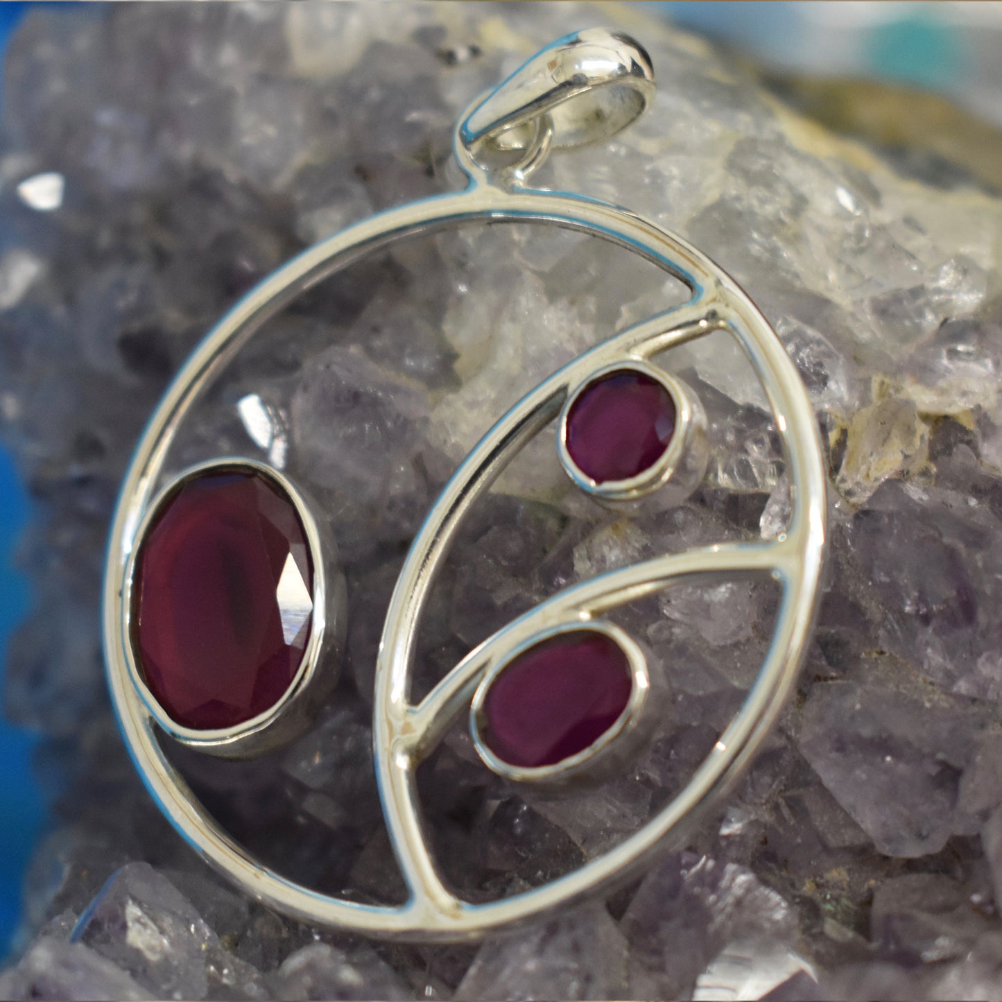 Ganesha Handicrafts, Sterling Silver Circle Stoned Pendant (925), Sterling Silver Stoned Pendant, Circle Stoned Pendant, Women's Trending Pendant, Ruby Style pendant, Traditional Pendant.