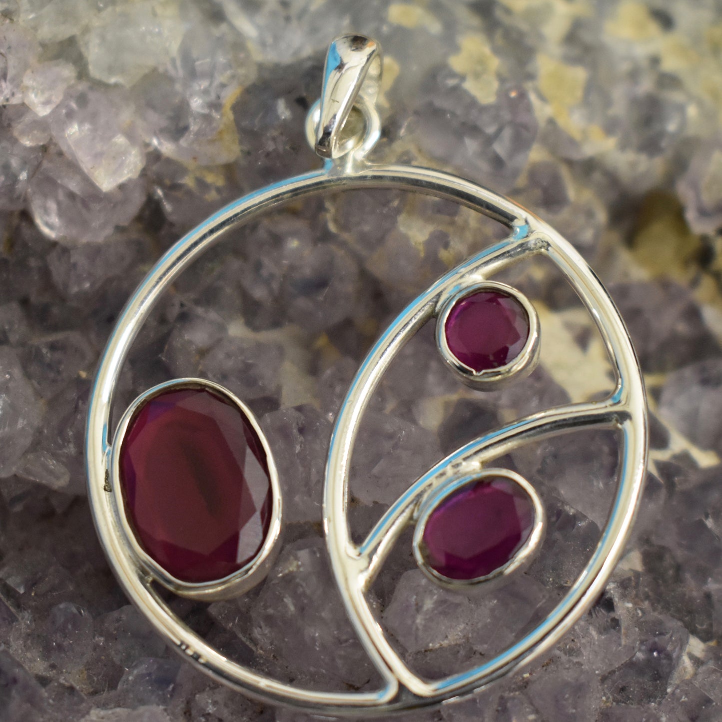 Ganesha Handicrafts, Sterling Silver Circle Stoned Pendant (925), Sterling Silver Stoned Pendant, Circle Stoned Pendant, Women's Trending Pendant, Ruby Style pendant, Traditional Pendant.
