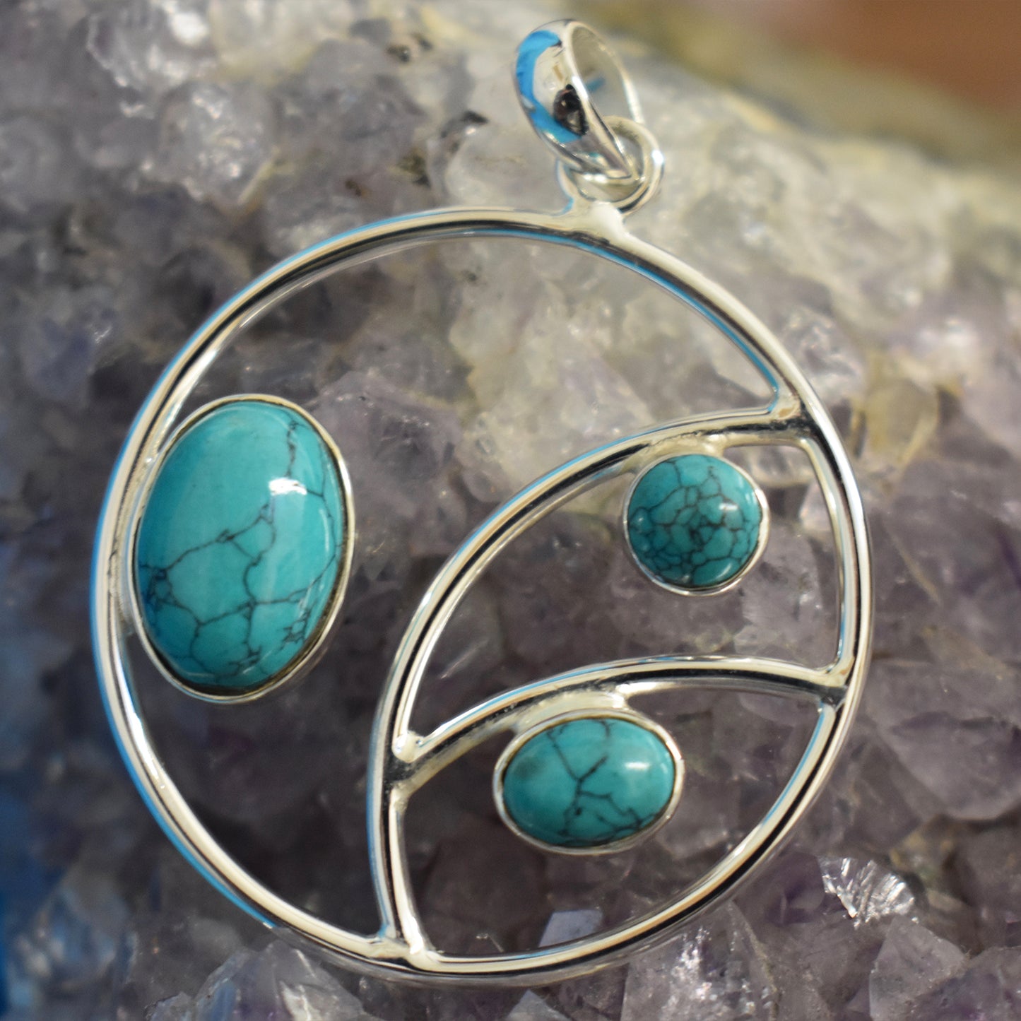 Ganesha Handicrafts, Sterling Silver Circle Stoned Pendant (925), Sterling Silver Stoned Pendant, Circle Stoned Pendant, Women's Trending Pendant, Turquoise Style pendant, Traditional Pendant.