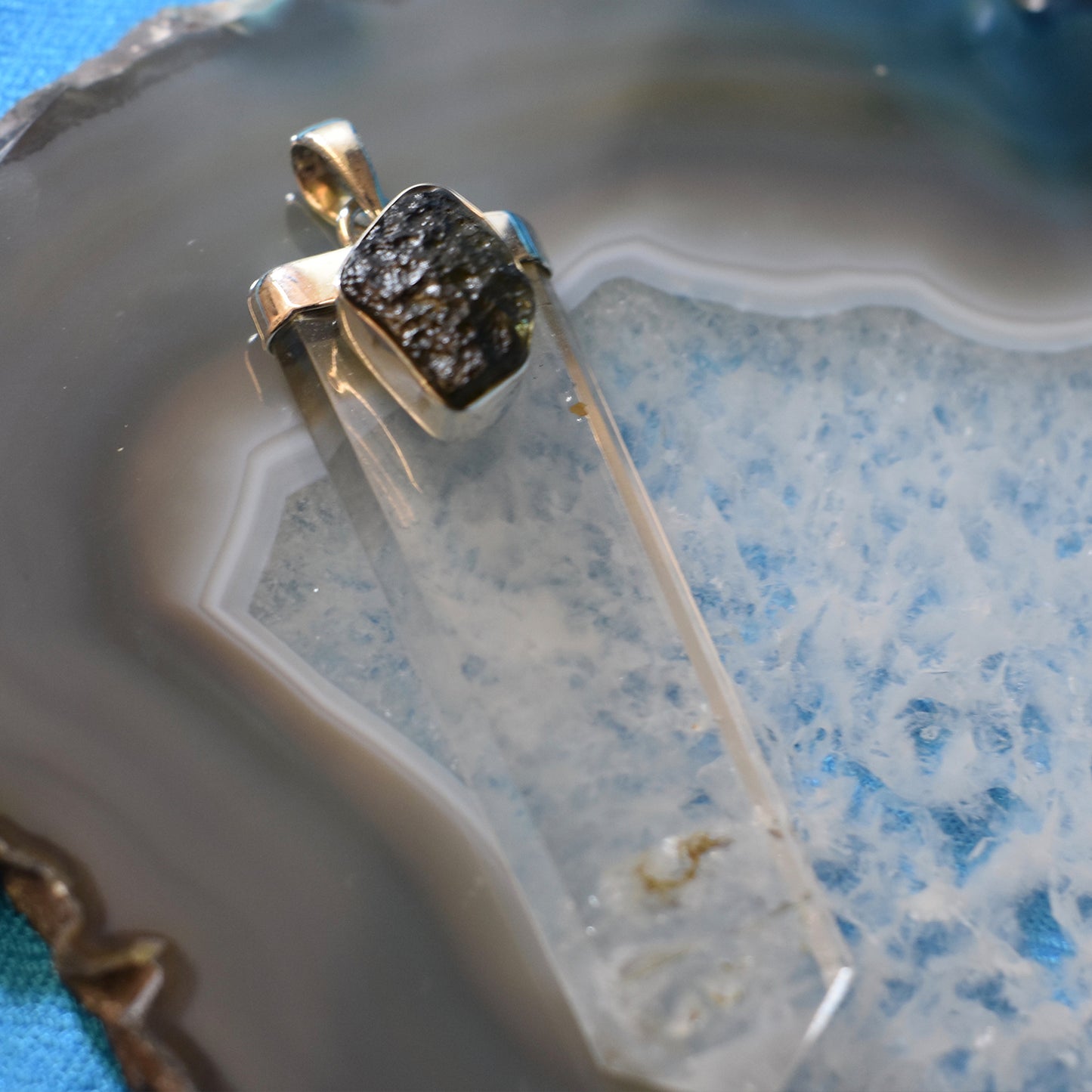 Ganesha Handicrafts, Sterling Silver Quartz and Moldavite Pendant, 925-Silver Pendant, Silver Quartz and Moldavite Pendant, Women's Trending Pendant, Womens Pendant Collection.