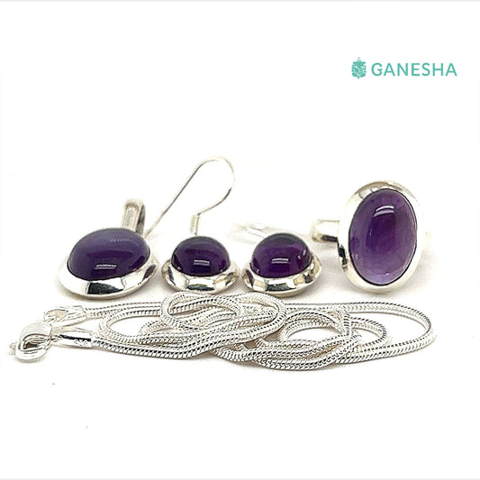 Ganesha Handicrafts, Amethyst Cabochon , 925 Sterling Silver jewellery Gift Set With Free Chain,  Amethyst Cabochon , 925 Sterling Silver jewellery Chain, 925 Sterling Silver jewellery , Womens - 925 Sterling Silver jewellery Gift Set With Free Chain, Fashion- 925 Sterling Silver jewellery Gift Set With Free Chain, Trending Womens Jewellery Gift, 925 Sterling Silver. 